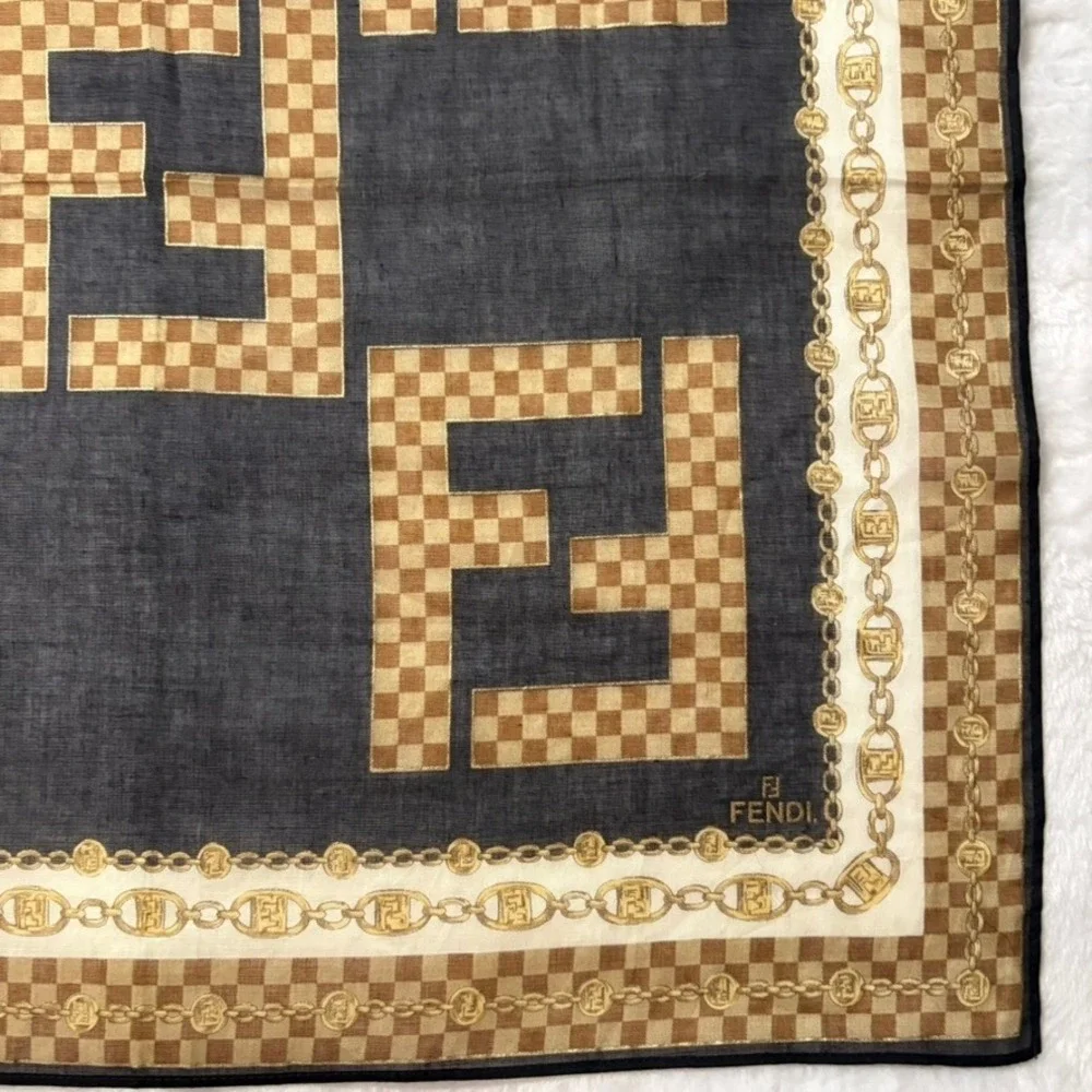 Vtg FENDI Scarf Handkerchief Zucca Monogram Navy Blue Brown 17.5